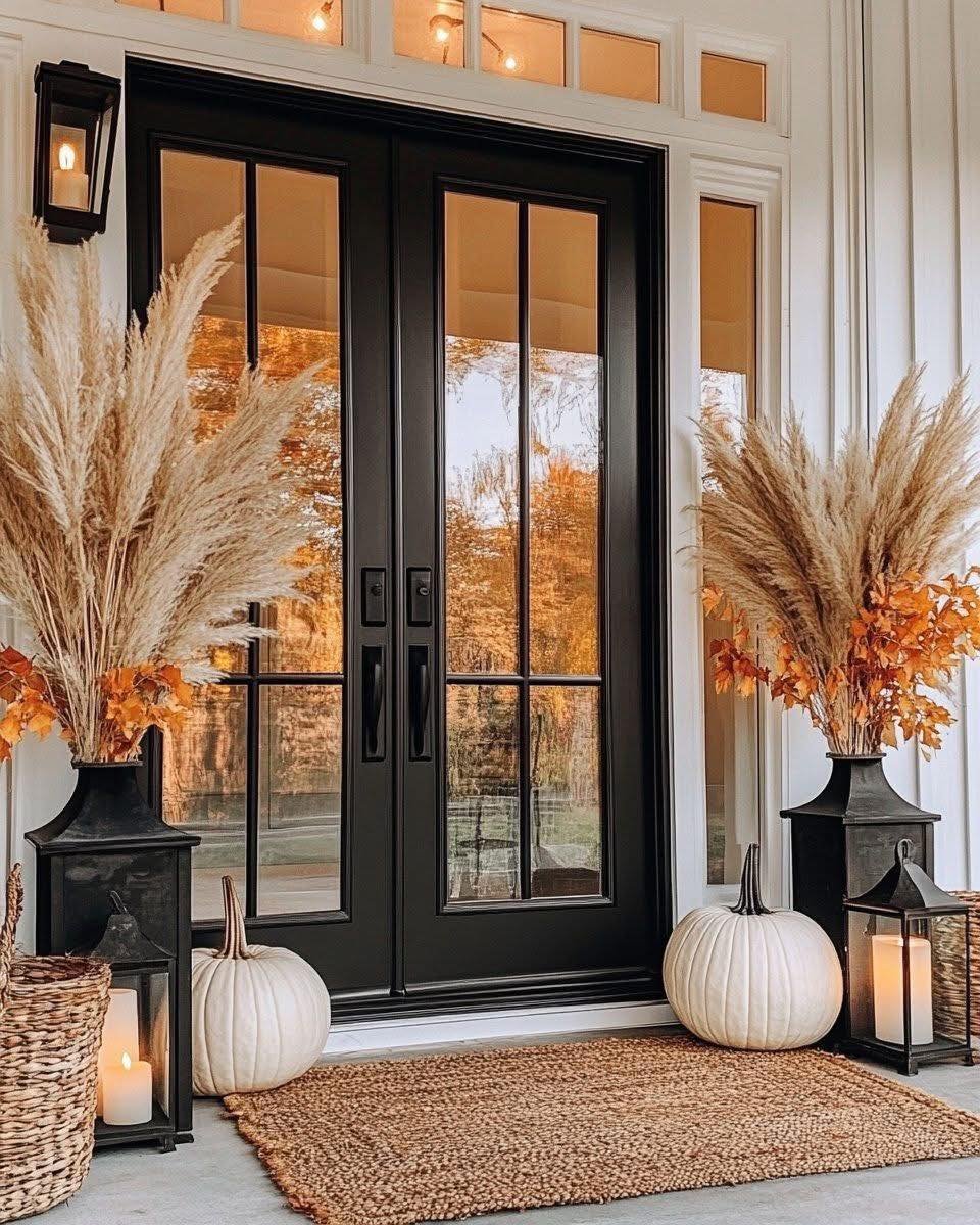 A cozy fall porch decorated with white pumpkins, tall vases of dried pampas grass, and black lanterns with flickering candles.