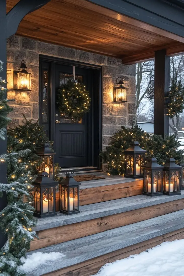 A cozy, rustic Christmas porch decorated with large black lanterns holding glowing pillar candles, evergreen garland, and a lit wreath on a dark door.