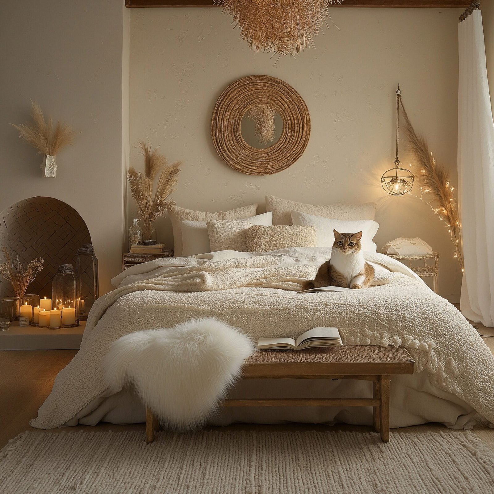 A cozy, neutral-toned boho bedroom with a fluffy cat resting on a textured cream comforter, surrounded by natural elements.