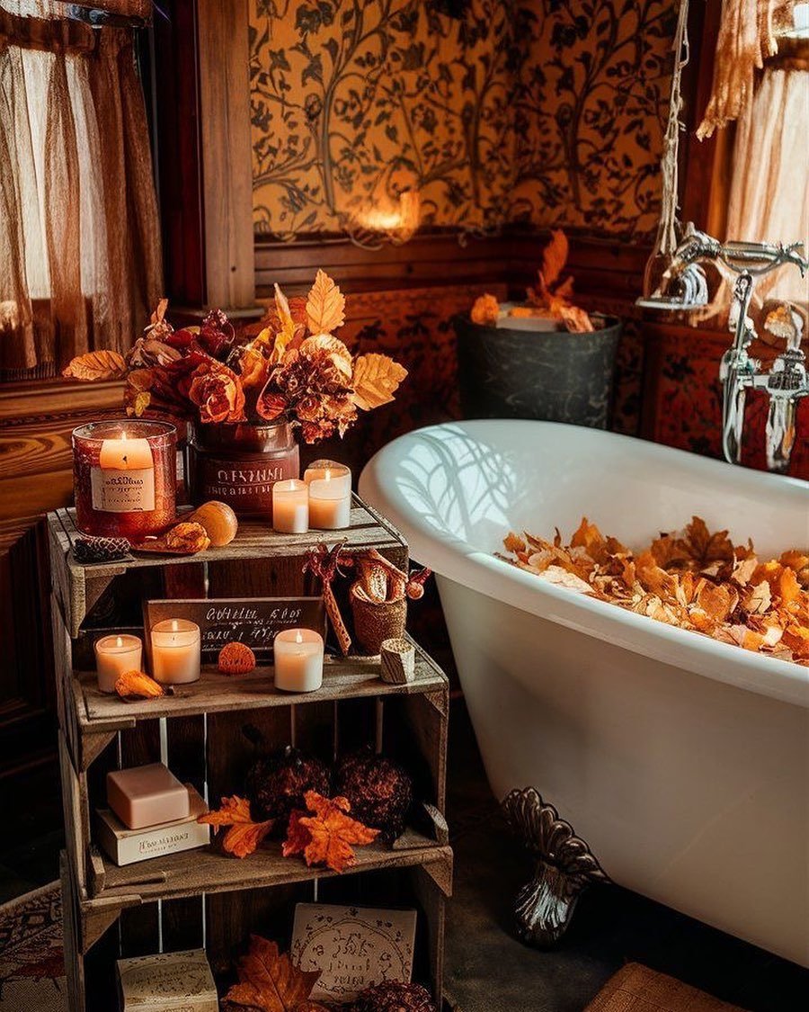 A clawfoot bathtub filled with autumn leaves and lit candles on a rustic wooden stand next to it.
