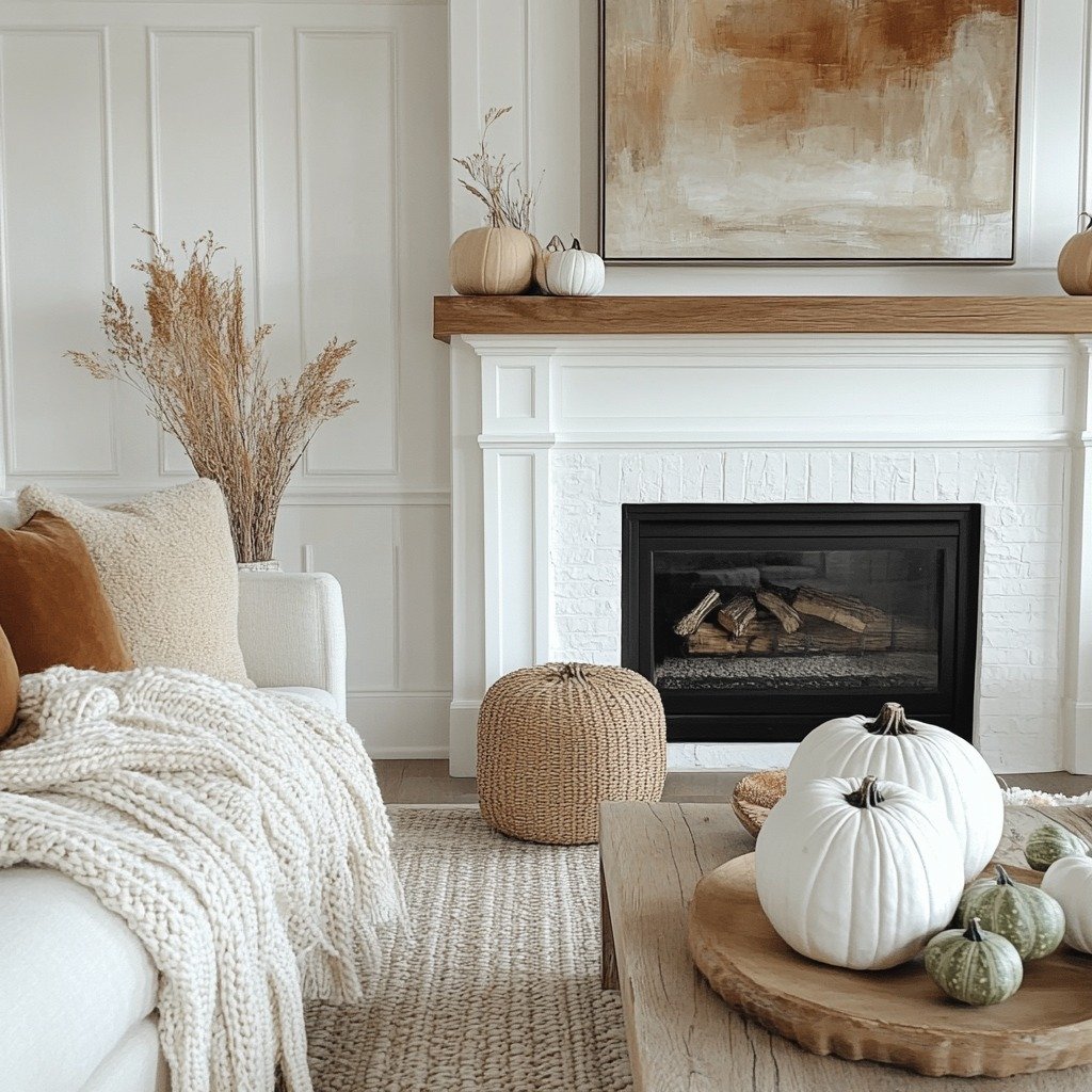 Neutral living room with white fireplace, wooden mantel, chunky knit blanket, and various white and cream pumpkins.
