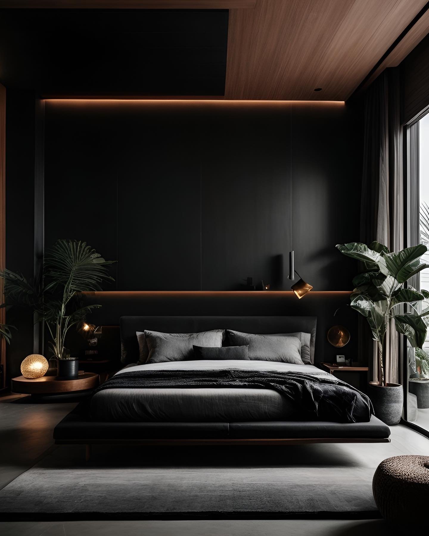 A modern black bedroom with wood paneling on the ceiling, a low-profile bed, and large potted plants on each side.
