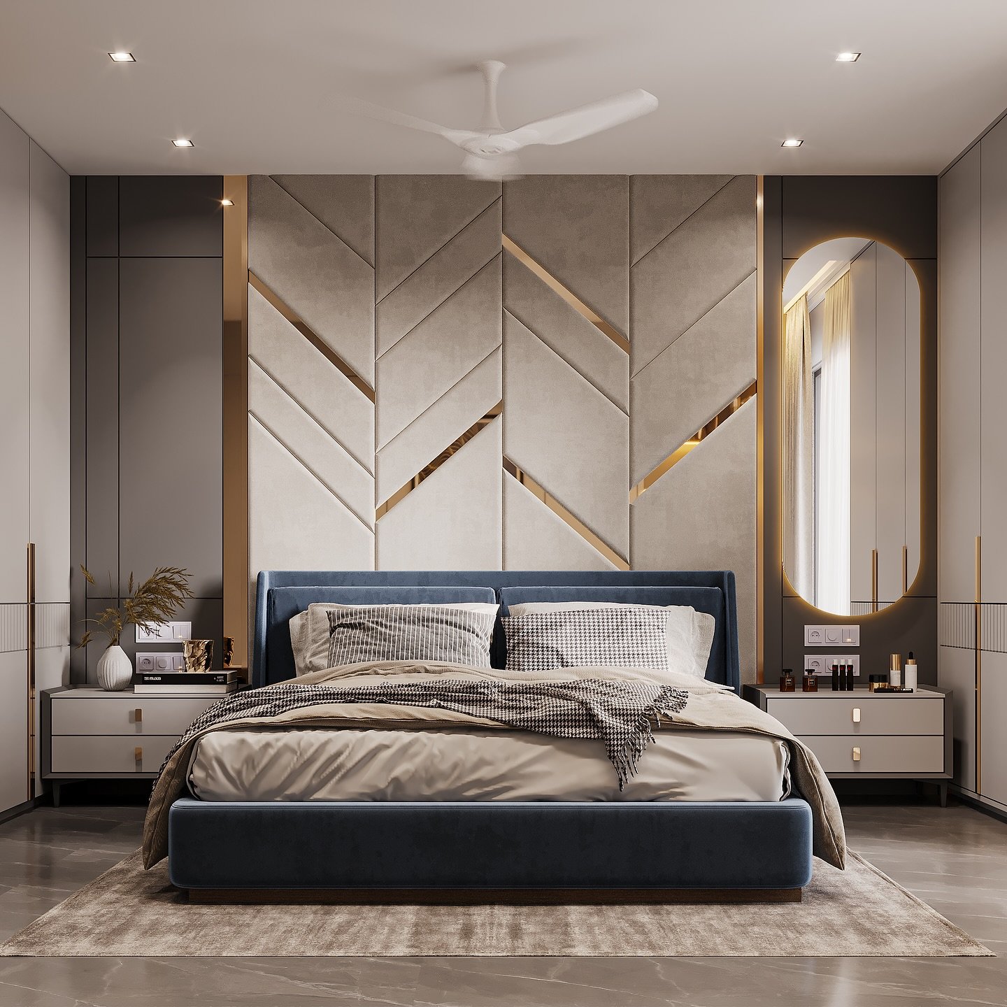 A luxurious and cozy bedroom with a striking padded headboard featuring a chevron design and a dark blue upholstered bed frame.