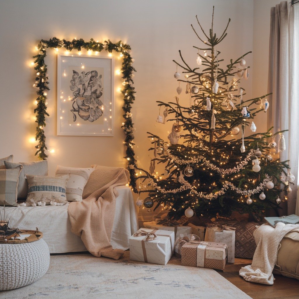 Cozy, Scandinavian-style living space with a real Christmas tree, soft neutral textiles, and a lighted garland framing a piece of wall art.