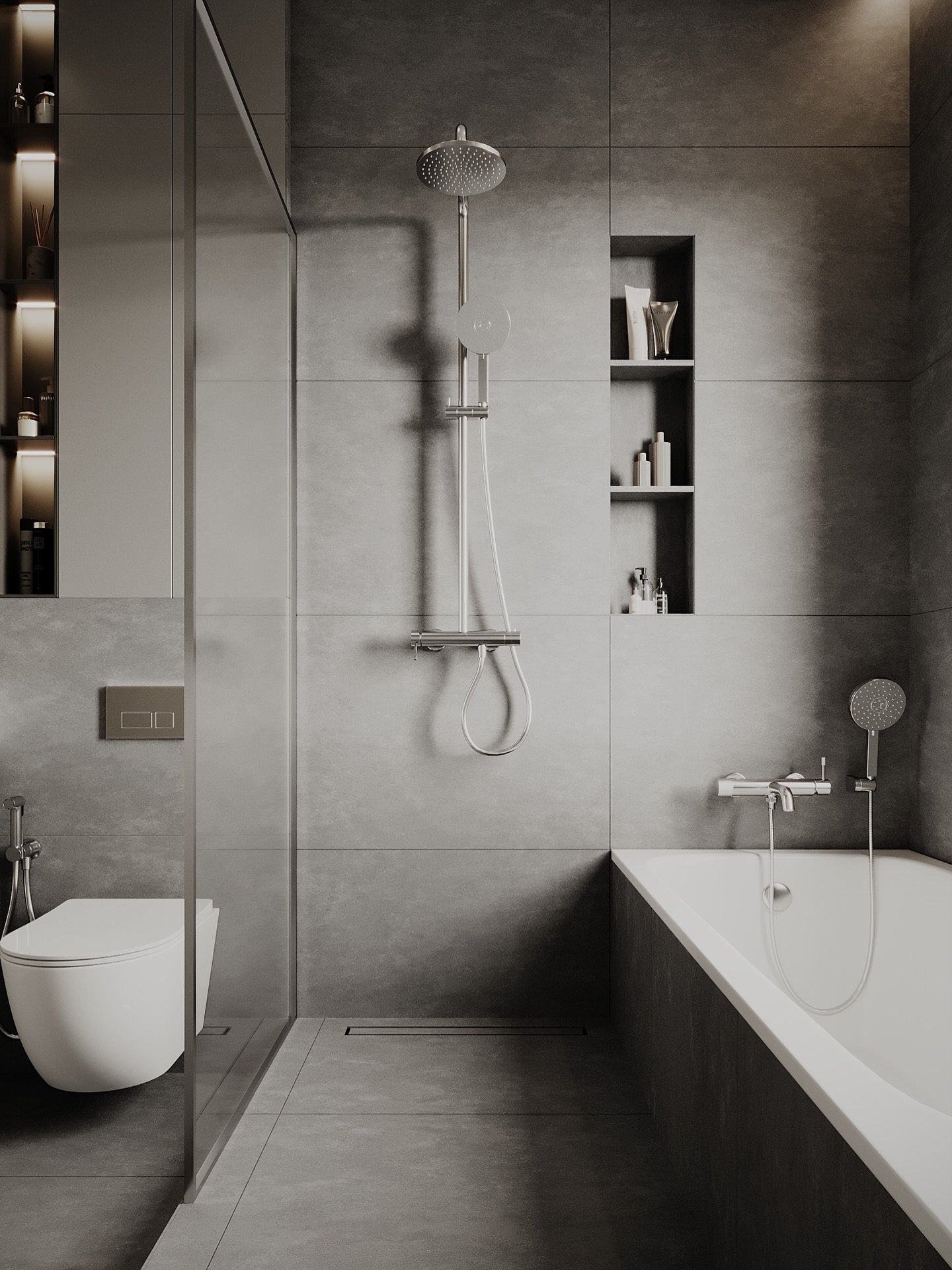A minimalist and modern grey bathroom with a built-in tub, a walk-in shower with a glass partition, and a wall-mounted toilet.