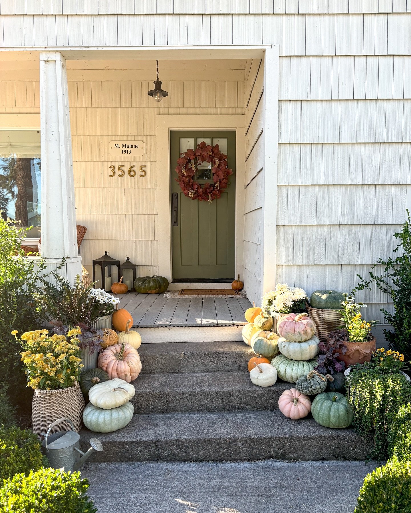 A fall porch decorated with pumpkins in soft, muted tones of green, white, and pale pink, arranged on the steps with planters of mums and ferns.