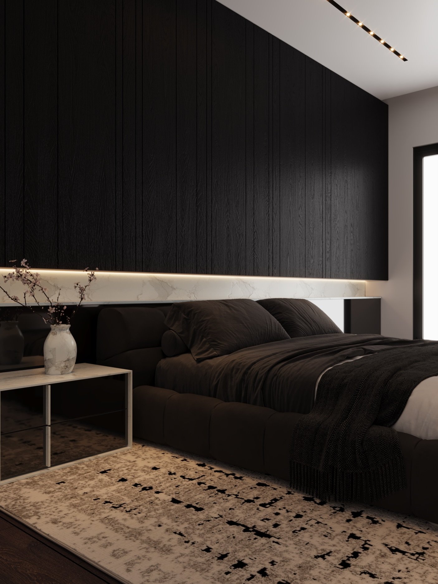 A modern bedroom with a black textured wood accent wall, a low-profile bed with dark bedding, and a marble shelf with built-in lighting.