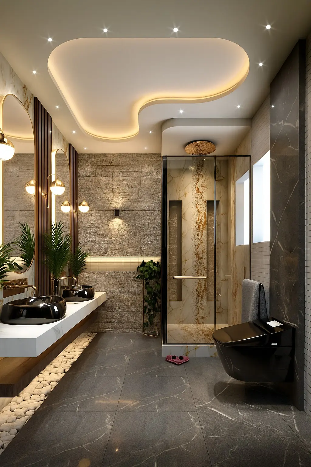 A luxurious bathroom with a sculpted ceiling, a floating marble vanity with two sinks, a stone accent wall, and a dramatic marble shower.