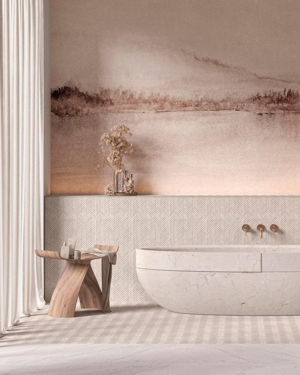 A tranquil, spa-like bathroom with a white and tan marble-look bathtub, a light wood stool, and a wall featuring light beige chevron or herringbone tiles below a large-scale, muted landscape mural.