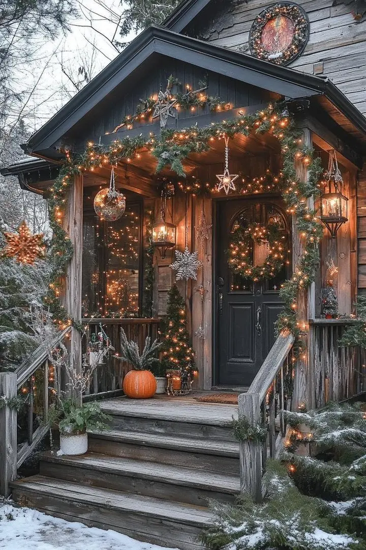 A rustic cabin-style porch covered in hundreds of warm white twinkle lights, featuring a dark front door, evergreen garland, and hanging metallic star and snowflake ornaments.