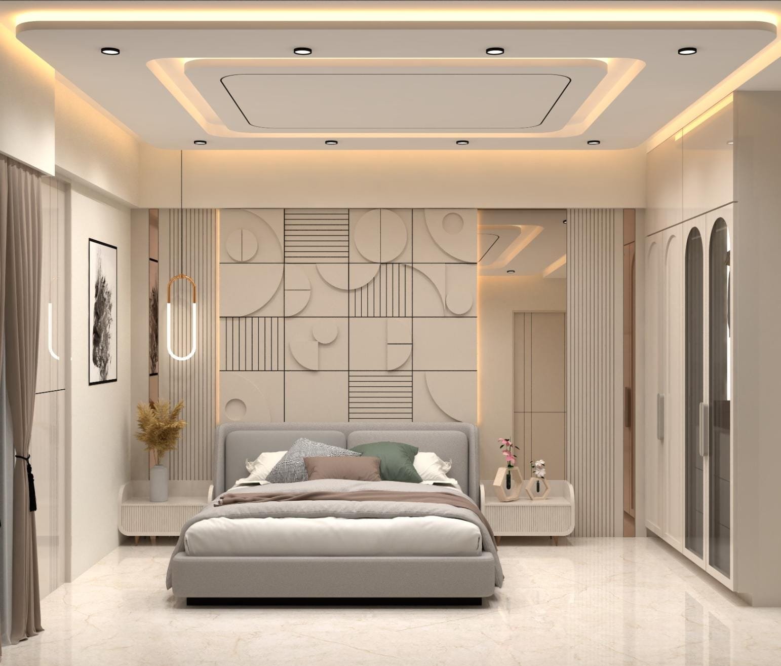 A cozy, futuristic bedroom with a padded wall featuring an abstract, geometric pattern and soft, recessed lighting.