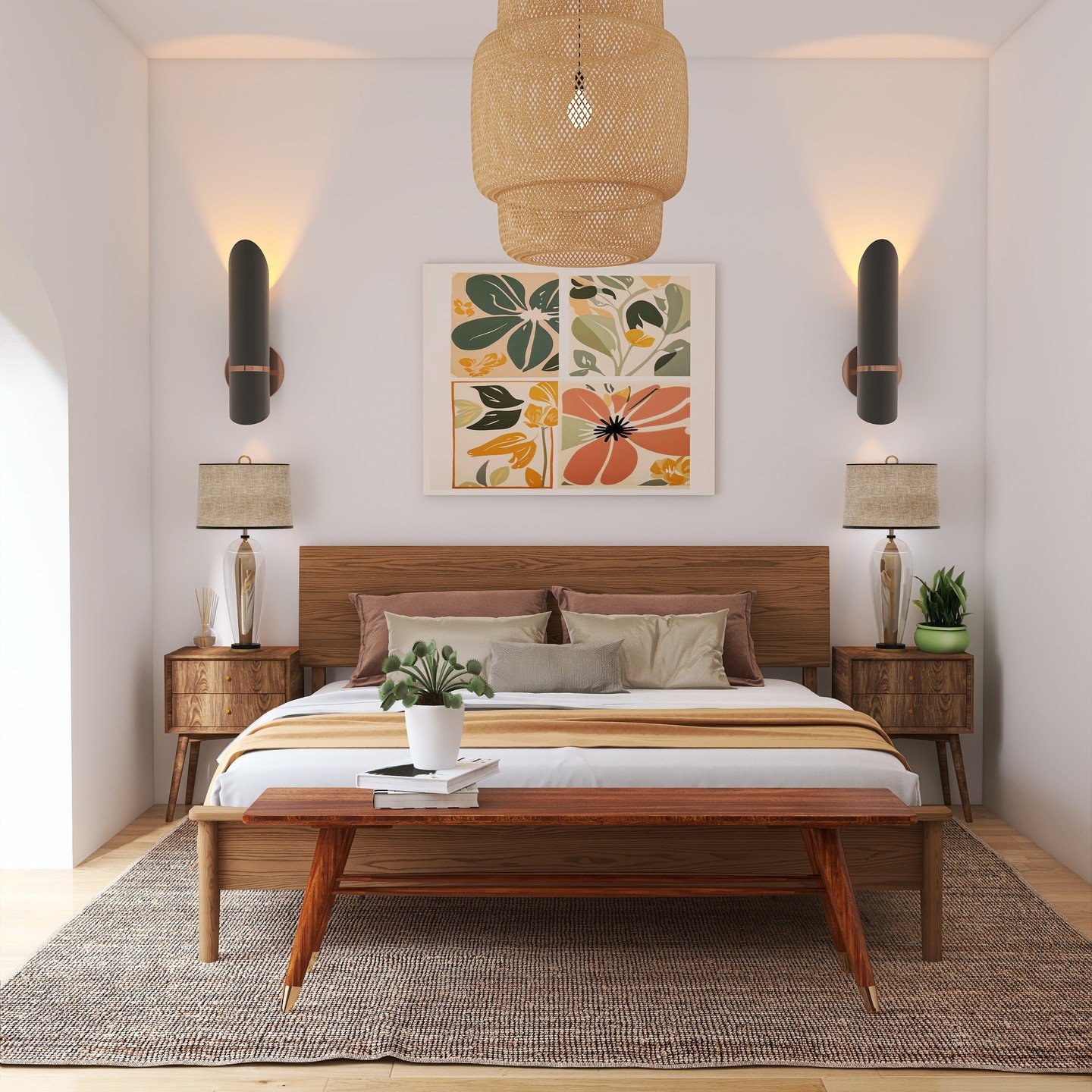A modern boho bedroom with a sleek wooden bed frame, mid-century modern nightstands, and a large abstract floral art print.