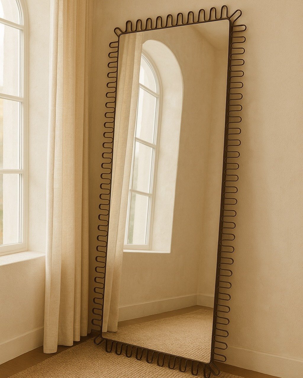 A tall, rectangular mirror with a black wavy wire frame leans against a warm-toned wall, reflecting a sheer curtain and an arched window.