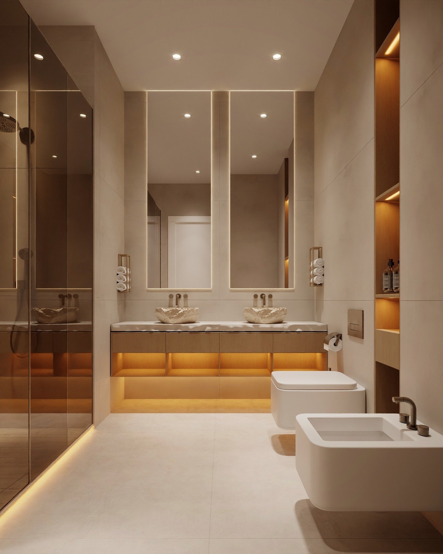 An elegant bathroom with a double vanity featuring two sinks, a floating wood cabinet, two backlit mirrors, and a walk-in shower with a bronze-tinted glass partition.