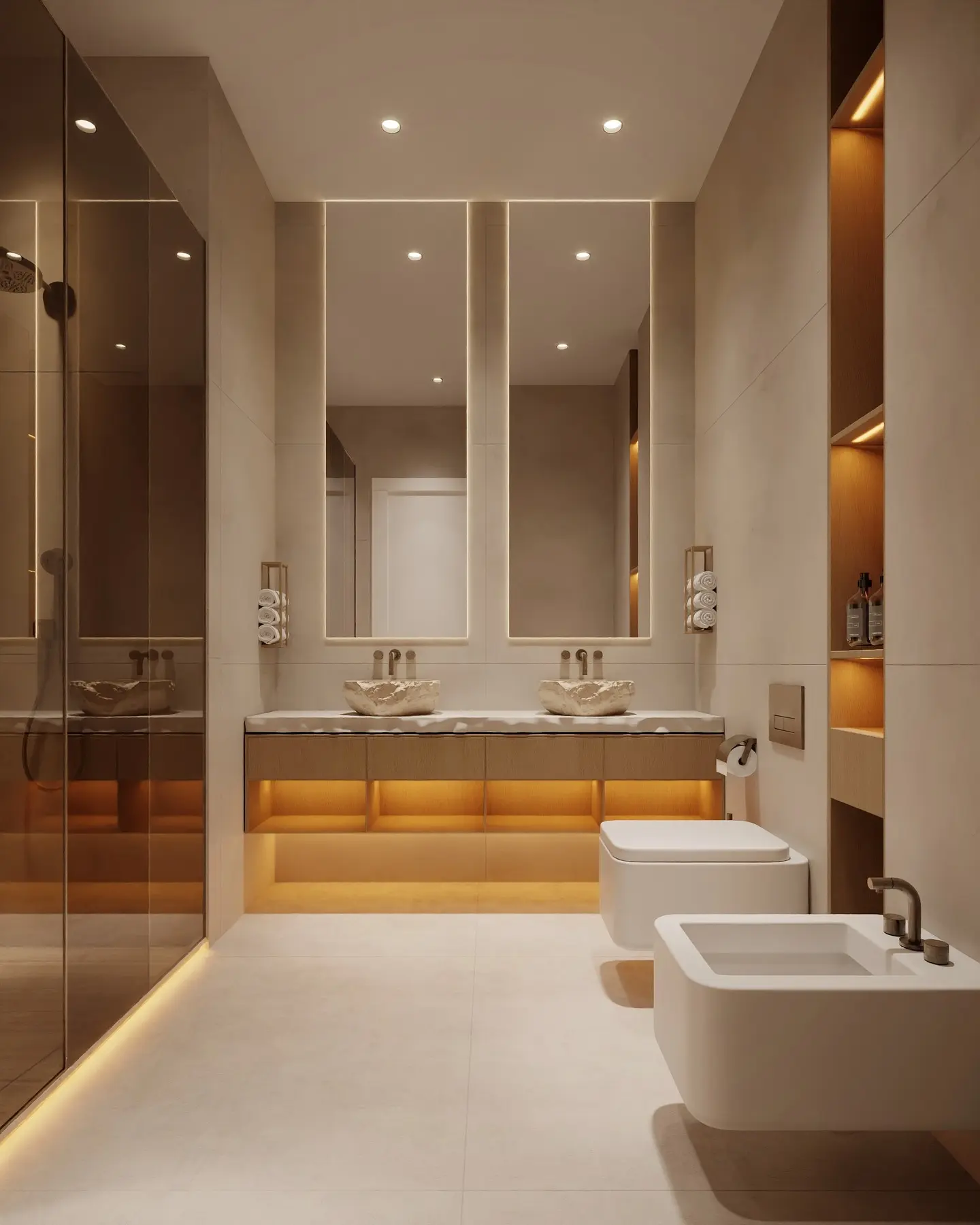 An elegant bathroom with a double vanity featuring two sinks, a floating wood cabinet, two backlit mirrors, and a walk-in shower with a bronze-tinted glass partition.