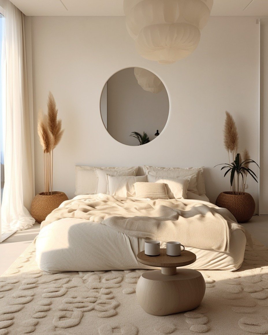 A clean, minimalist boho bedroom in all white and beige tones with a circular mirror and two tall woven planters holding pampas grass.