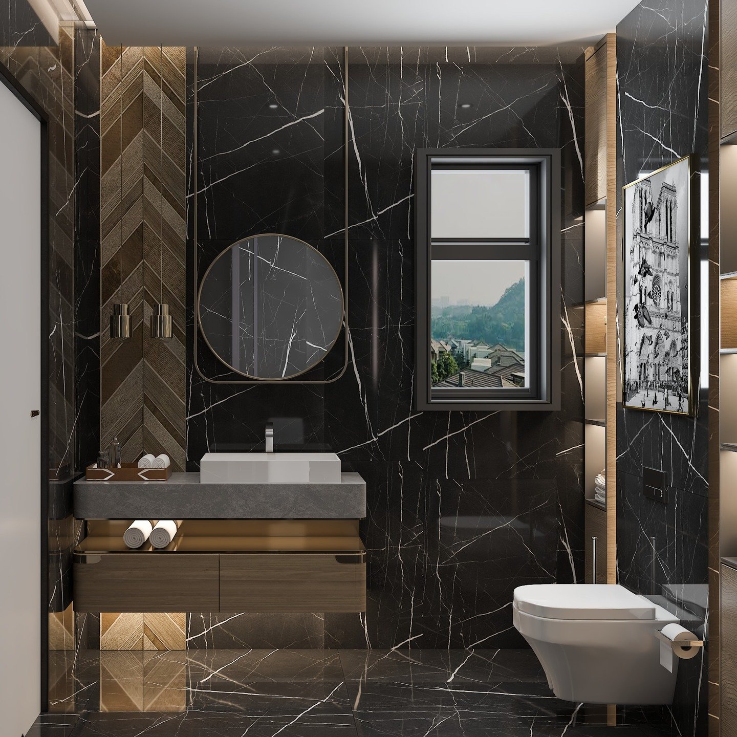 A luxurious bathroom with black marble walls, a wood herringbone accent wall, a floating vanity, and a circular mirror with a brass frame.