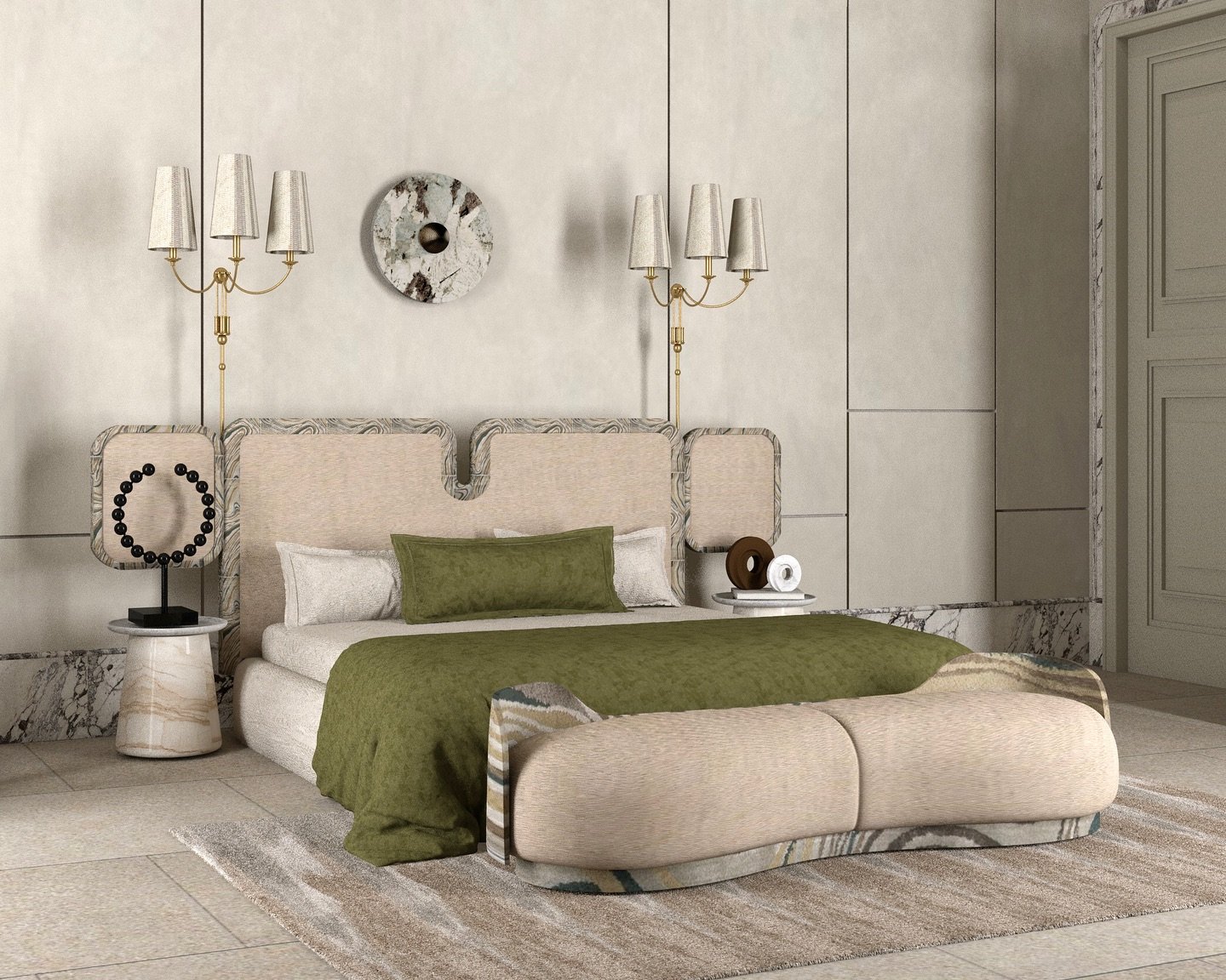 A cozy, artistic bedroom with a unique, asymmetrical headboard and matching bench, both featuring a patterned border.