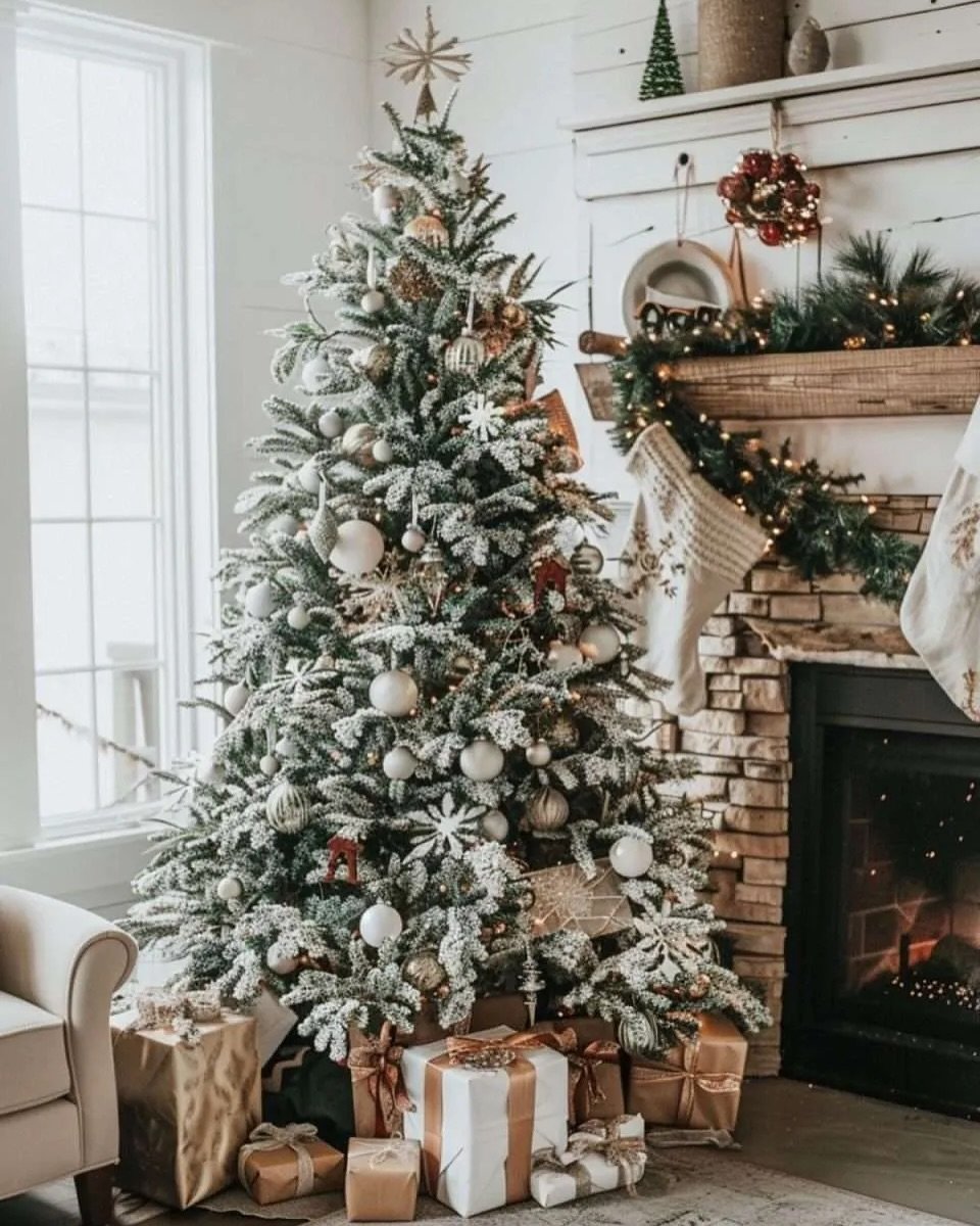 A heavily flocked Christmas tree decorated in a rustic style with cream, white, and subtle gold ornaments and snowflakes next to a stone fireplace.