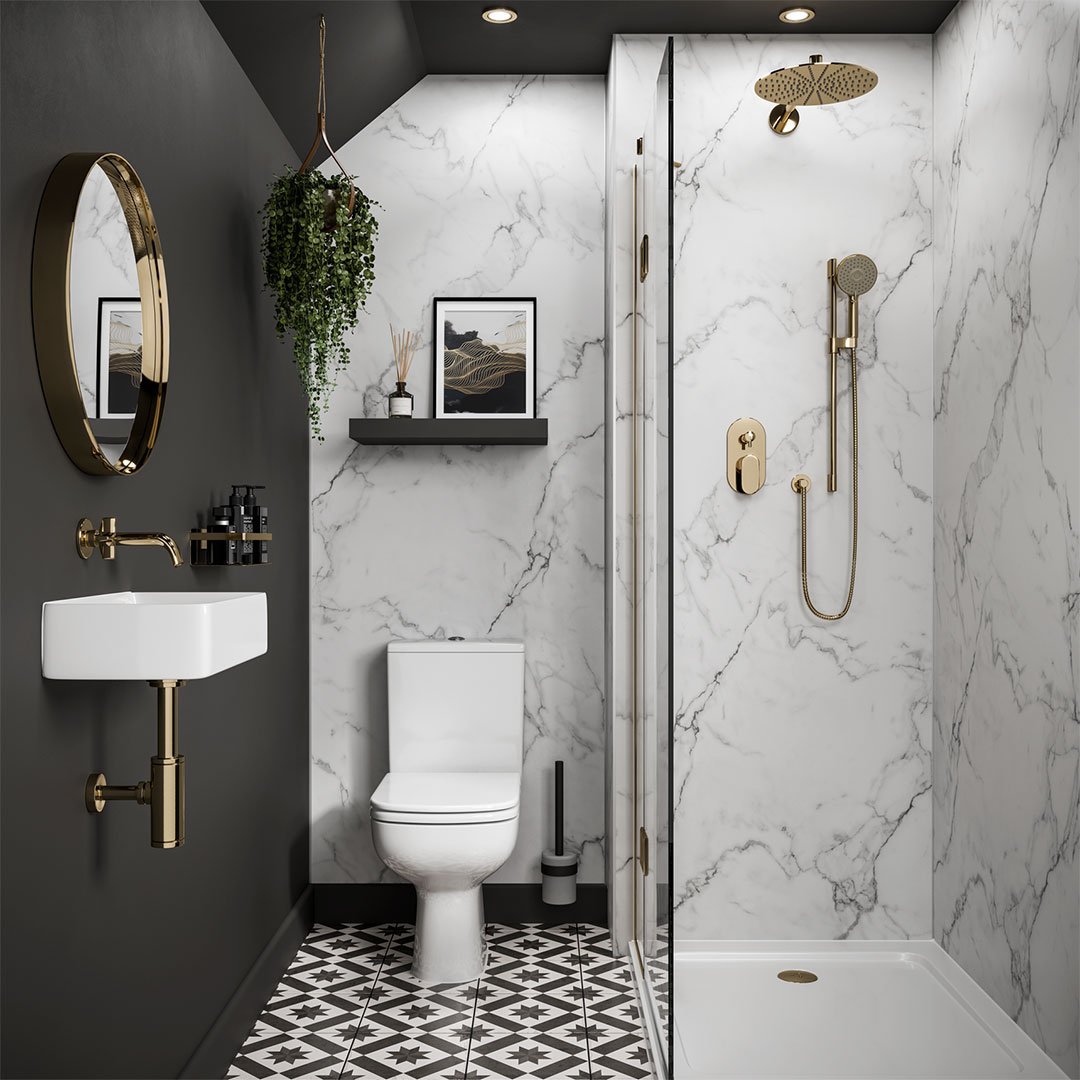A small bathroom featuring a walk-in shower with large-format white marble-look panels, brushed gold fixtures, and a black-and-white patterned floor.