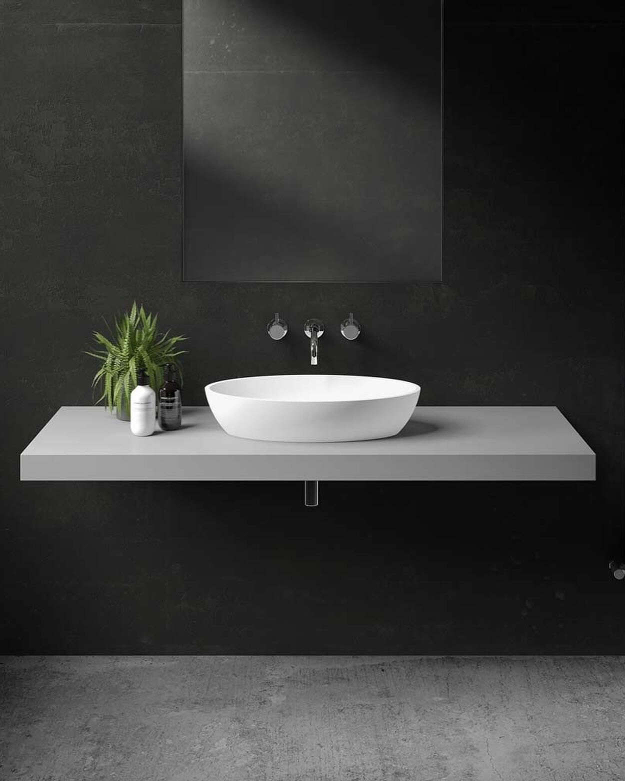 A contemporary bathroom with a white oval vessel sink on a gray floating vanity.