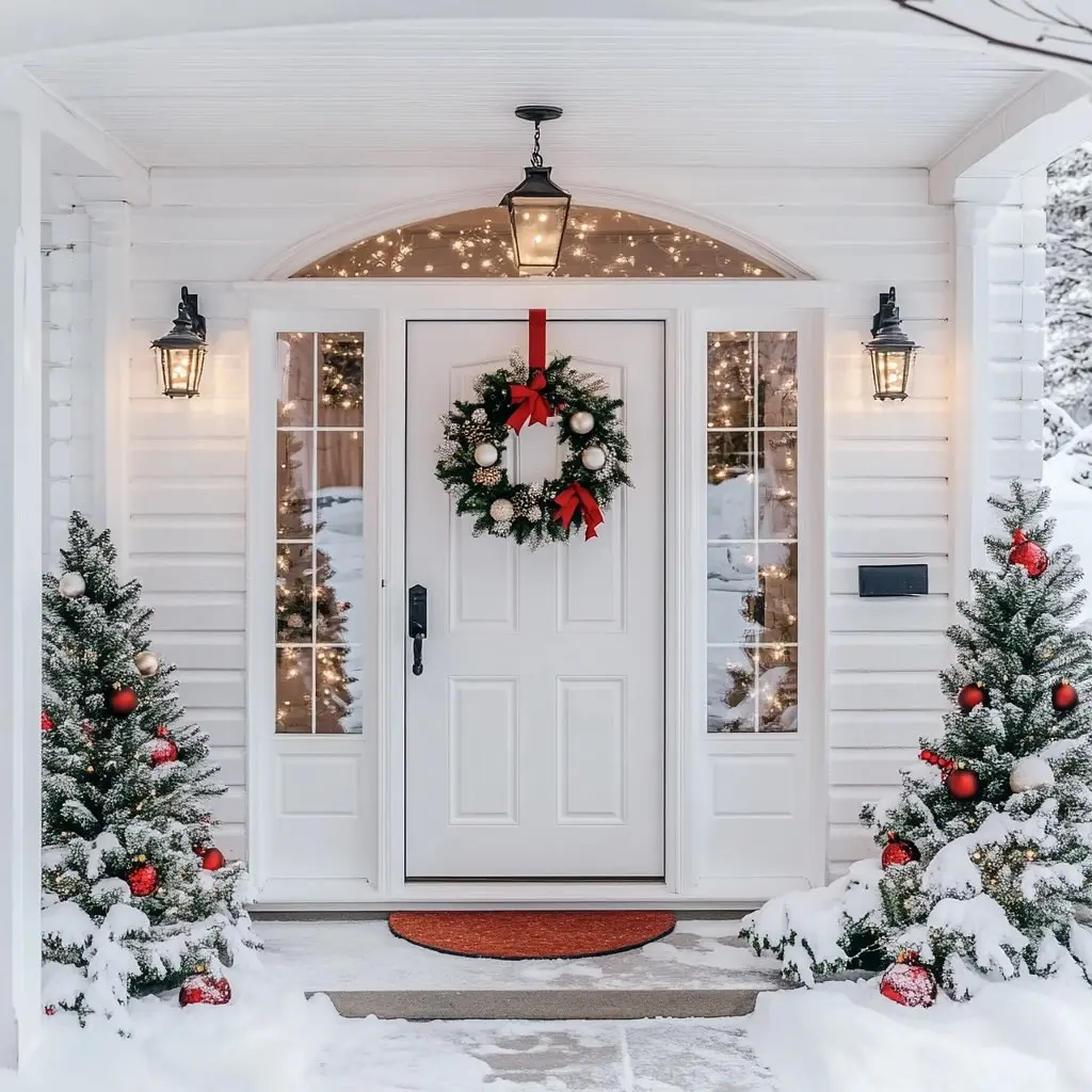 A symmetrical white Christmas porch dusted with real snow, featuring a white door with a festive wreath, and two fully decorated, snow-covered evergreen trees in the foreground.