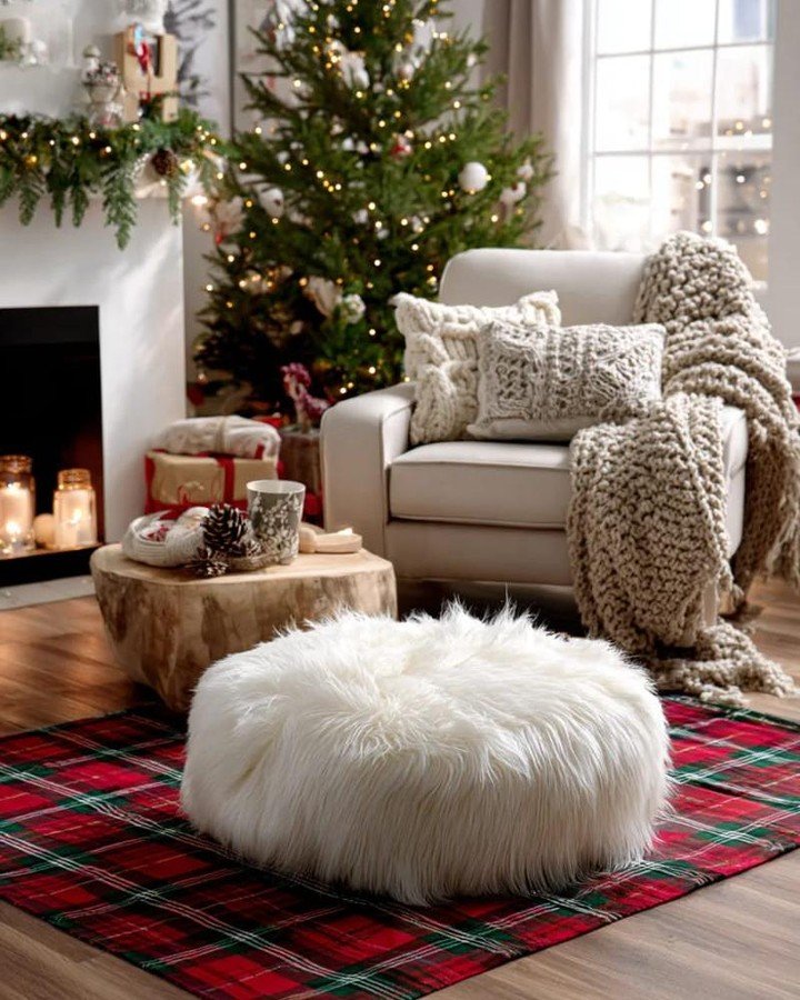 Armchair next to a fireplace and Christmas tree, featuring a red and green plaid rug and a white furry ottoman.