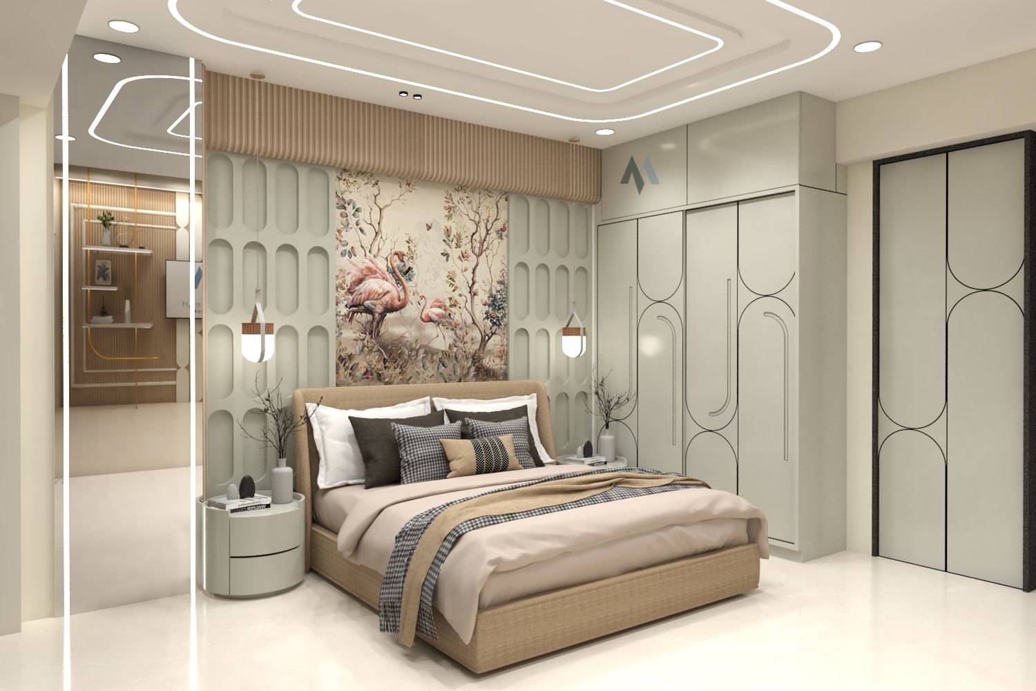A cozy bedroom with a large, artistic print of flamingos and an abstract-patterned headboard wall.