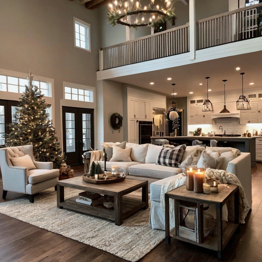 Large, two-story farmhouse living room with a white sofa, dark wood coffee table, and a subtly flocked Christmas tree.