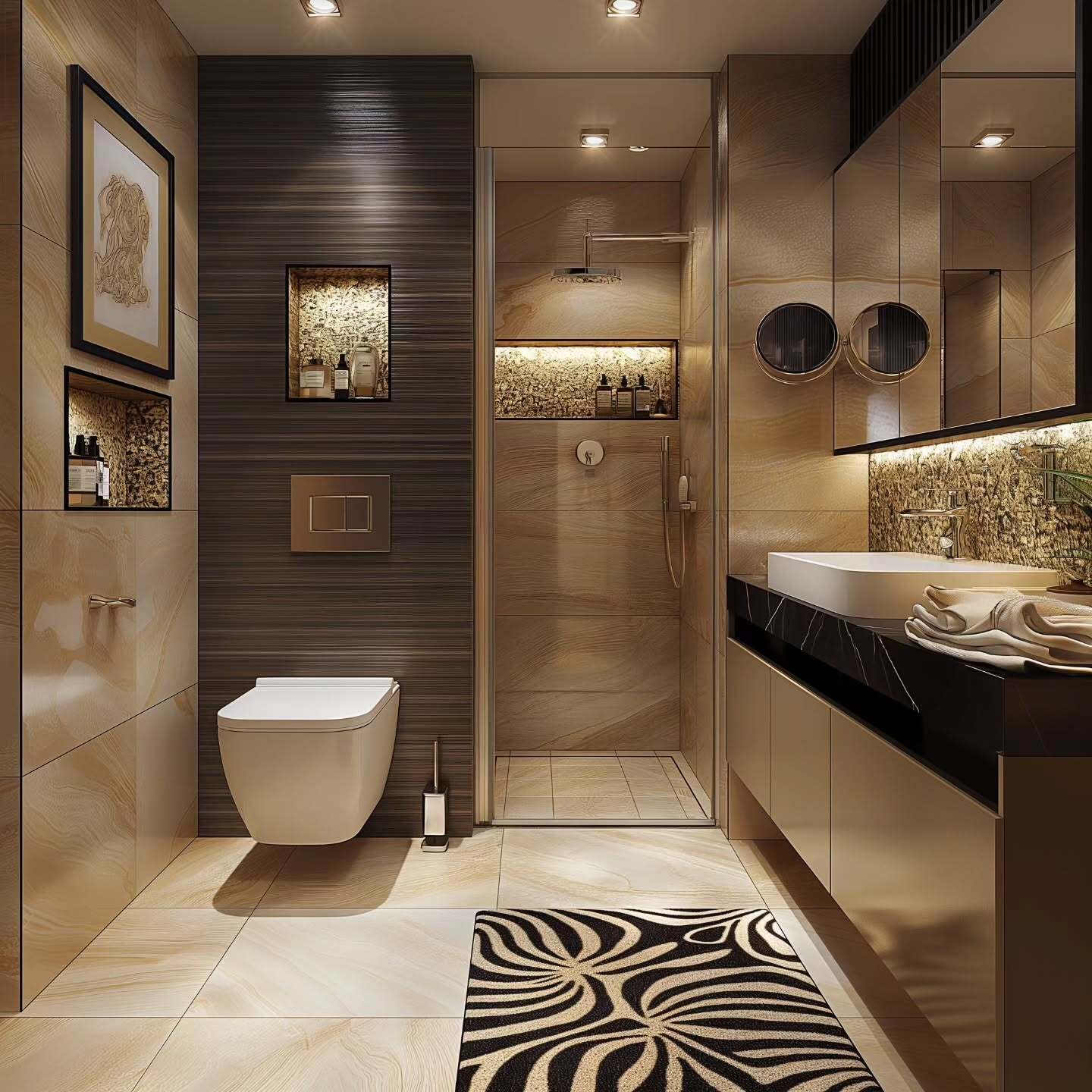 An earthy bathroom with a mix of polished stone and dark wood-grain walls, a floating vanity with a white vessel sink, and a zebra-print rug.