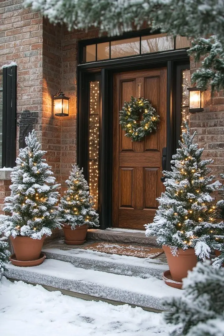 A cozy brick home entrance on a snowy day with a wooden door, framed by three snow-dusted, lit evergreen trees planted in traditional terracotta pots on the front steps.