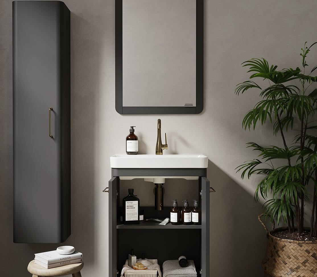 Dark gray modern bathroom featuring a freestanding vanity with open doors revealing internal shelves, paired with a tall, wall-mounted curved storage column on the left.