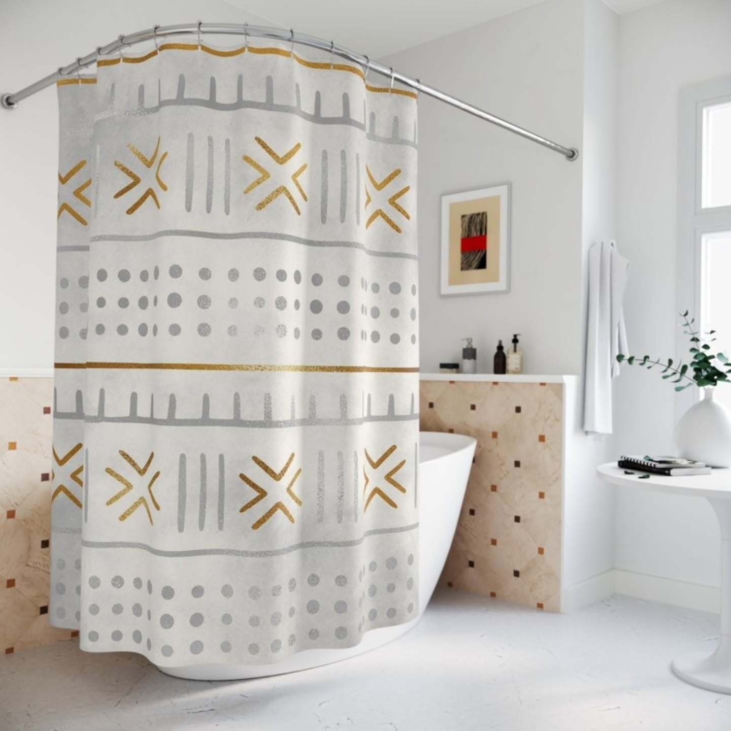 A white shower curtain with horizontal bands of various tribal geometric patterns printed in metallic gold and matte silver/gray.