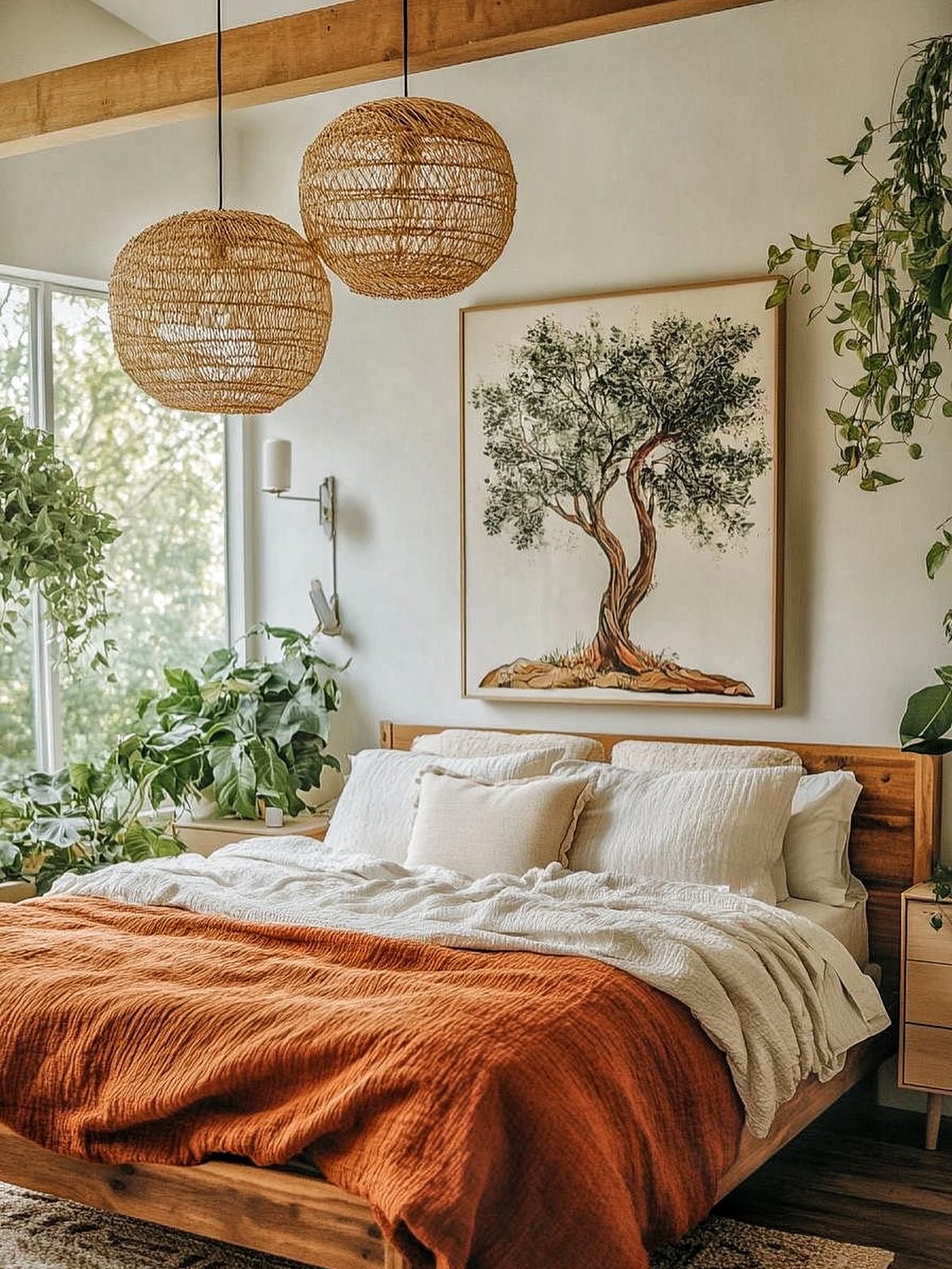 A cozy boho bedroom with a large tree painting, a burnt orange comforter, and many green plants.