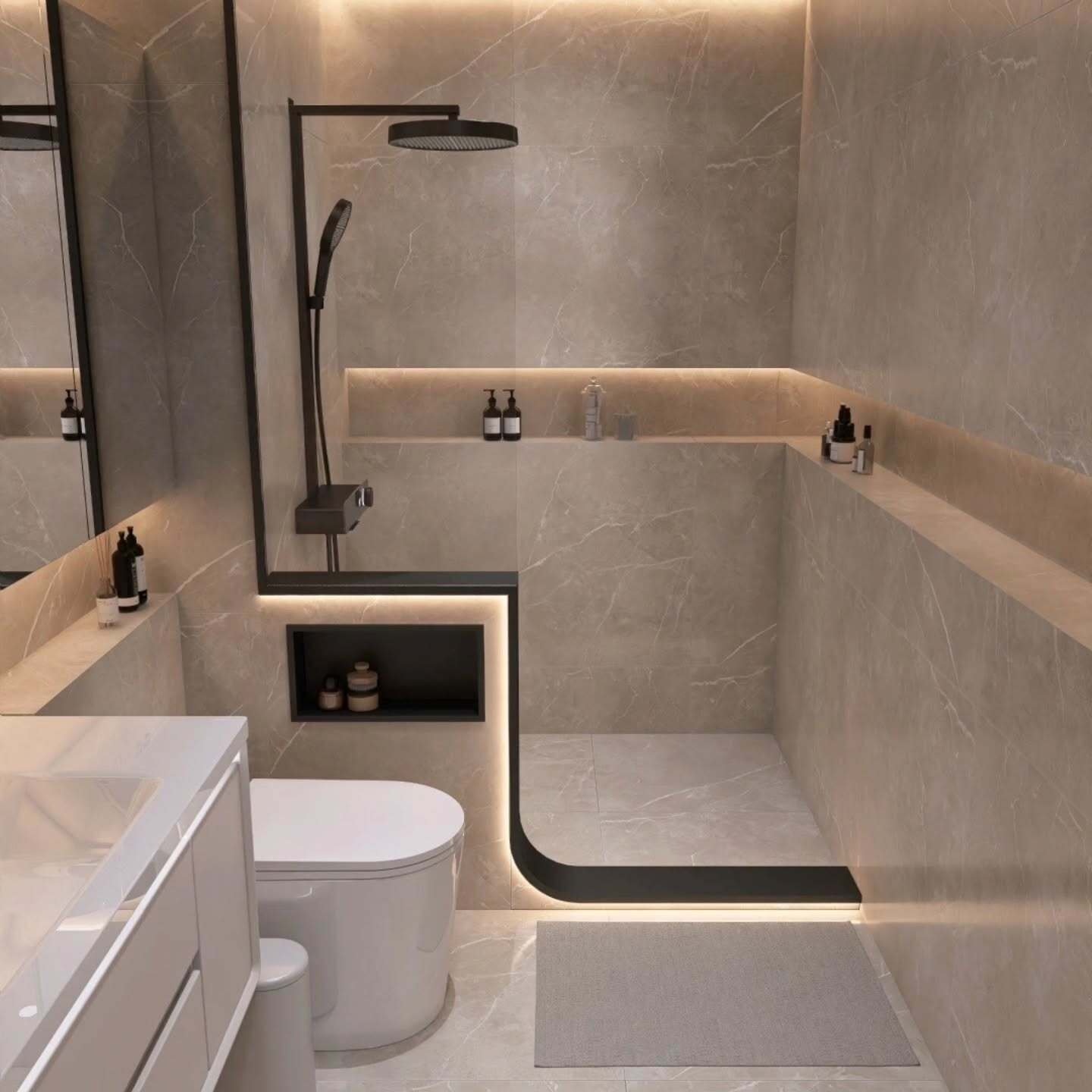 A modern bathroom with a sculptural black shower tray and frame, warm LED lighting, and light marble-effect tiles.