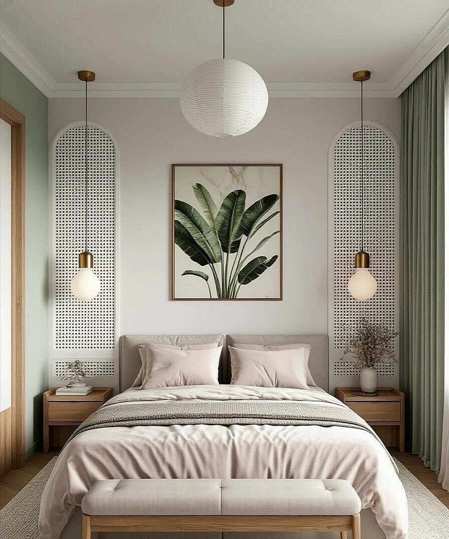 A cozy bedroom with a large, tropical plant art piece above the bed, flanked by two woven arched panels.