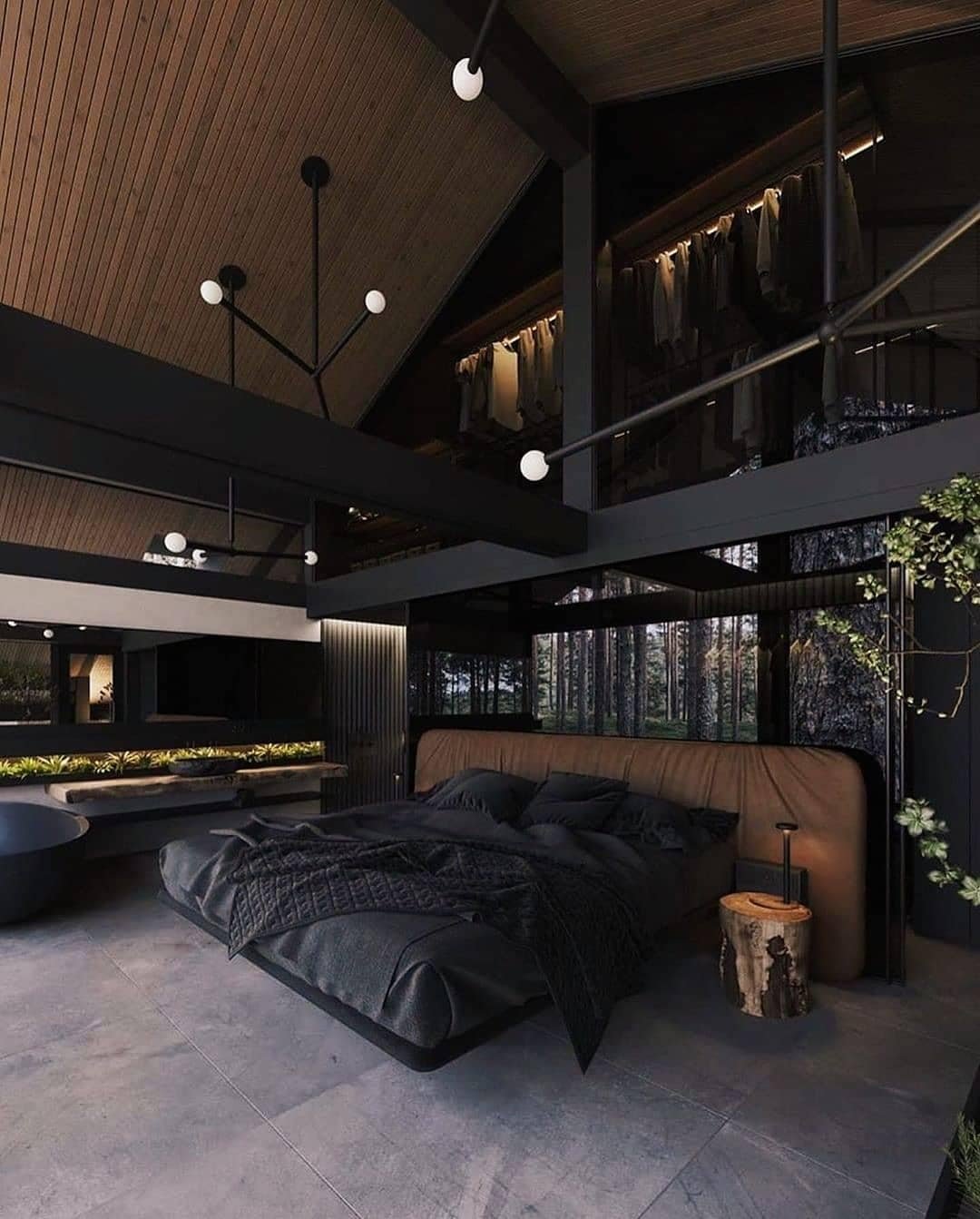 A dark and luxurious modern loft bedroom with a high vaulted wood ceiling, a low-profile bed, and a full-length glass wall overlooking a forest.