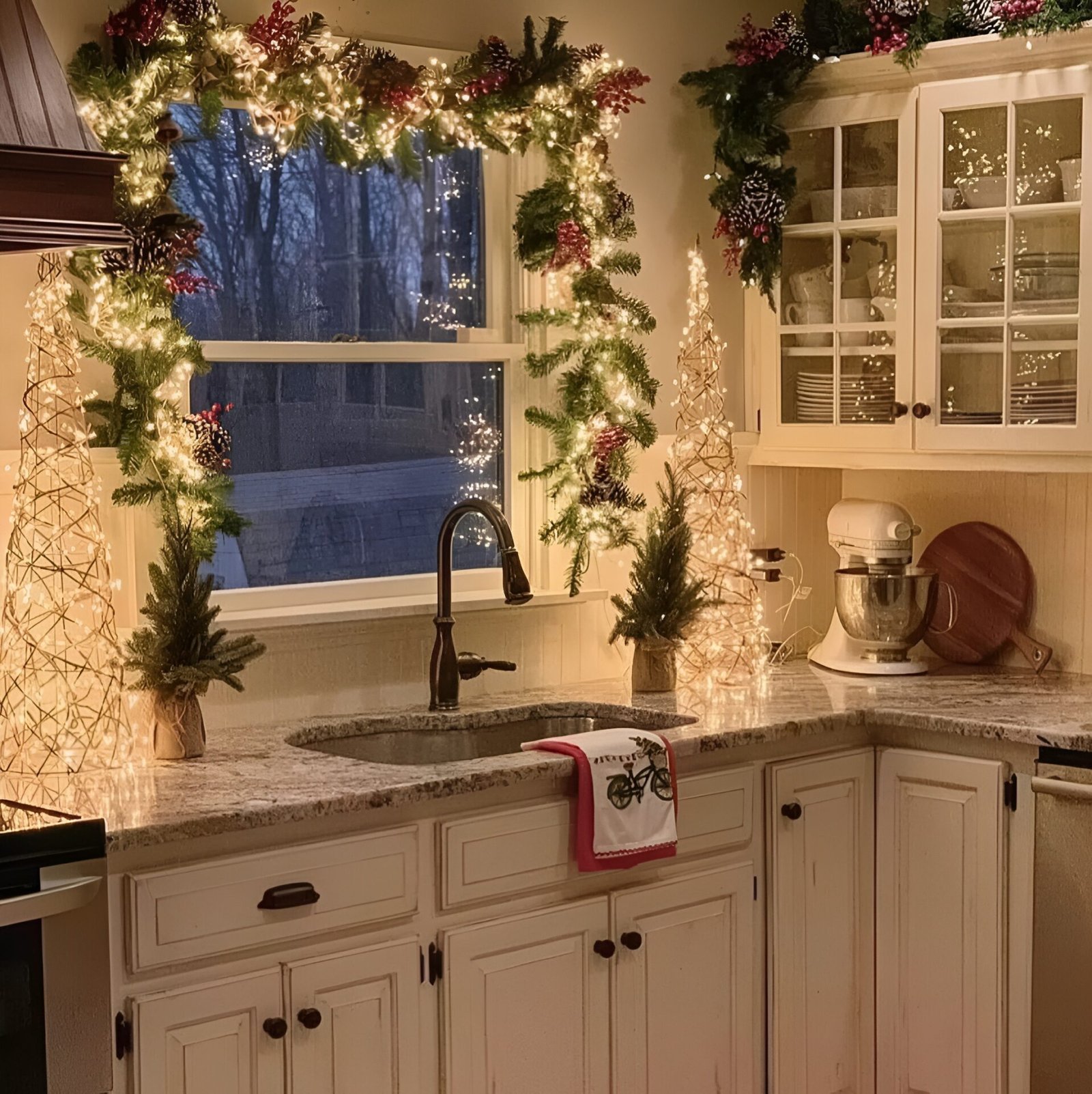 A cozy kitchen decorated for Christmas at night, featuring a window framed with thick pine garland, pinecones, and red berries, all wrapped in warm white string lights. Two wire-frame cone trees sit on the granite countertop.