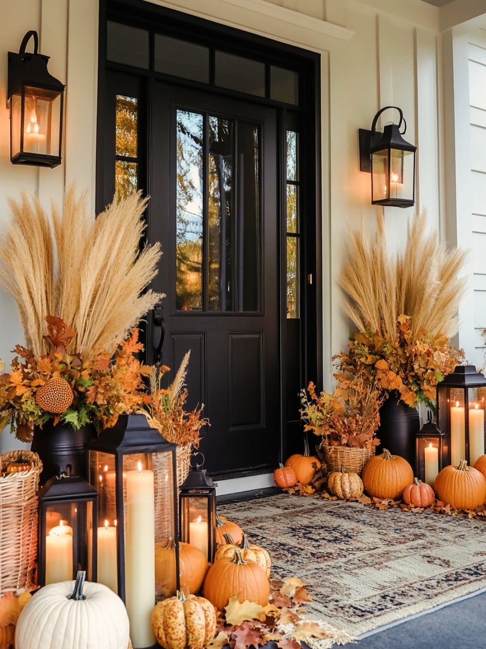 A beautiful fall porch with a rich display of pumpkins, lanterns with candles, and tall vases filled with pampas grass and autumn leaves.