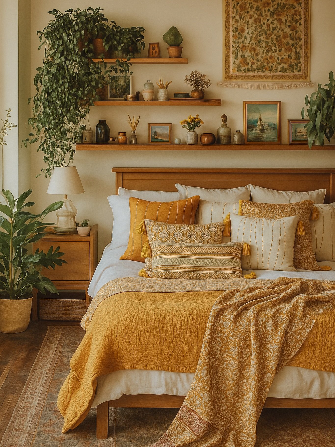 A cozy bedroom with a wooden bed and mustard yellow bedding, surrounded by floating shelves filled with plants and vintage art.