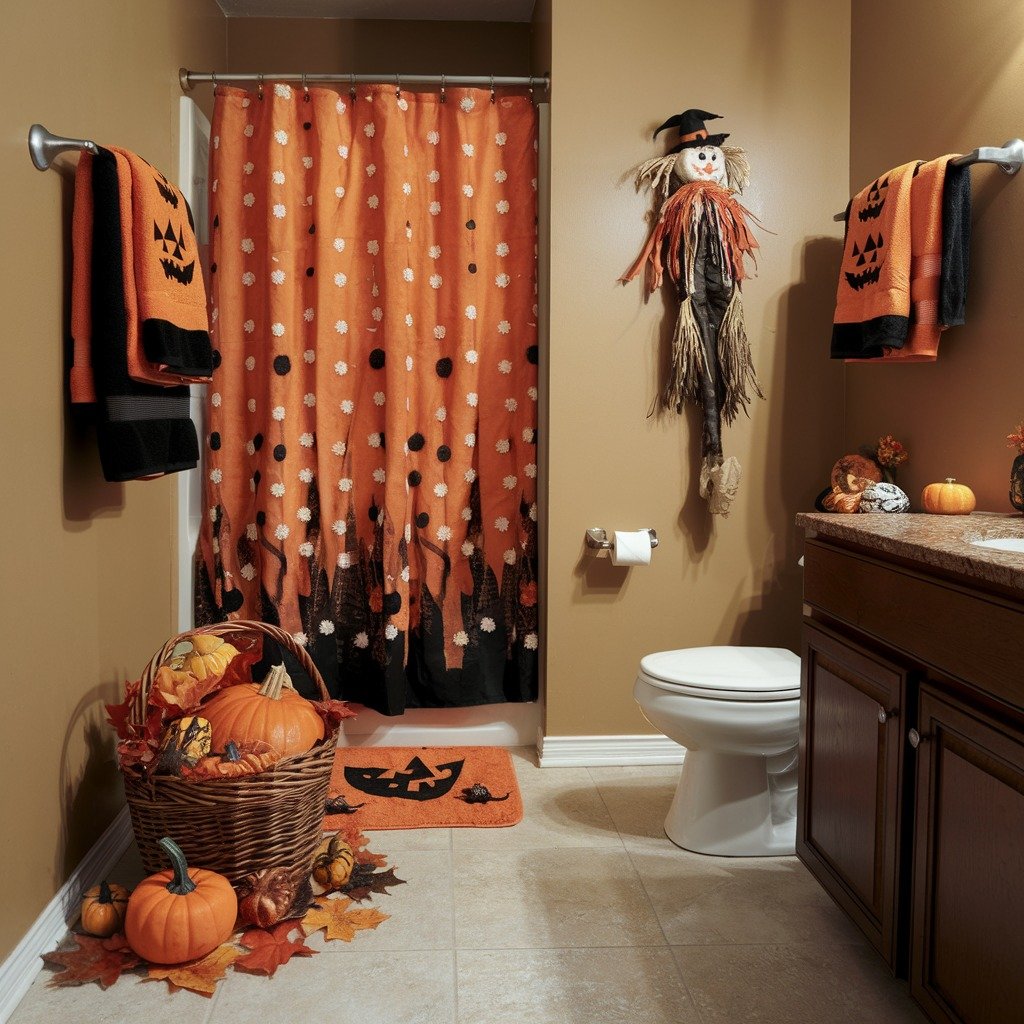 A bathroom decorated for Halloween with a scarecrow wall hanging and pumpkins.