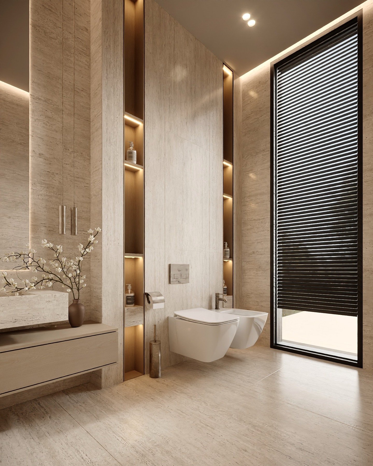 A minimalist and serene bathroom with a beige color palette, featuring a tall window with black blinds and illuminated vertical shelving.