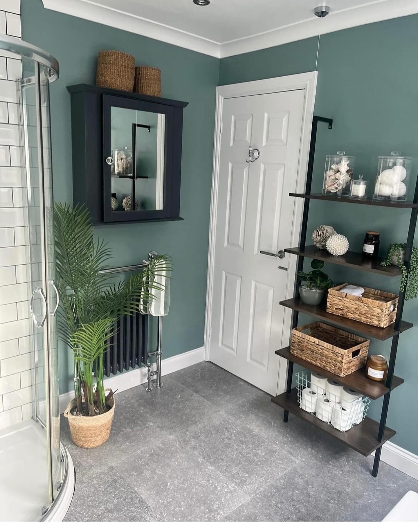 Bathroom with deep green walls featuring a black leaning ladder shelf unit holding woven baskets and clear jars, and a dark medicine cabinet with a mirrored door.