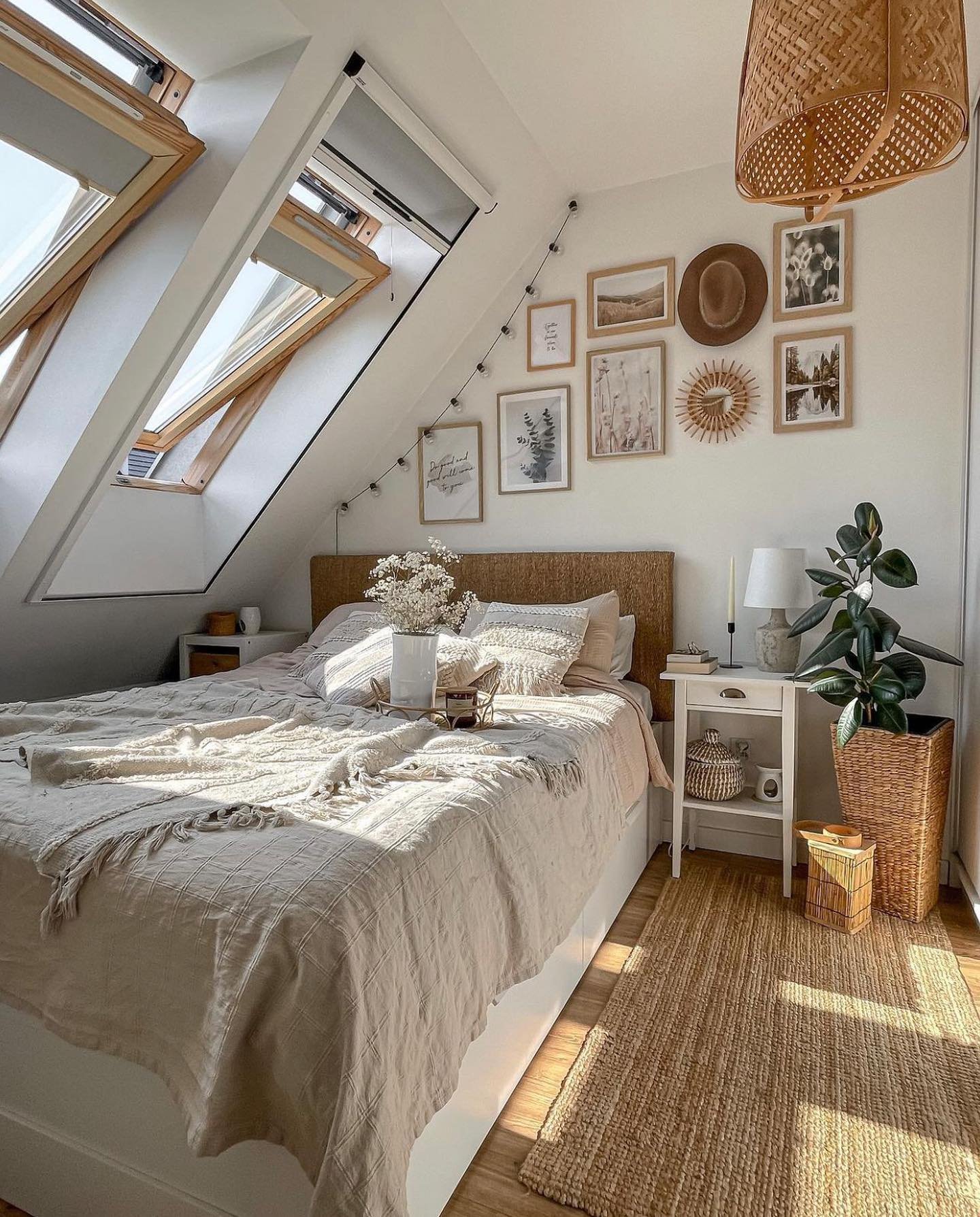 A bright, light-filled boho attic bedroom with slanted windows, a woven headboard, and a gallery wall.