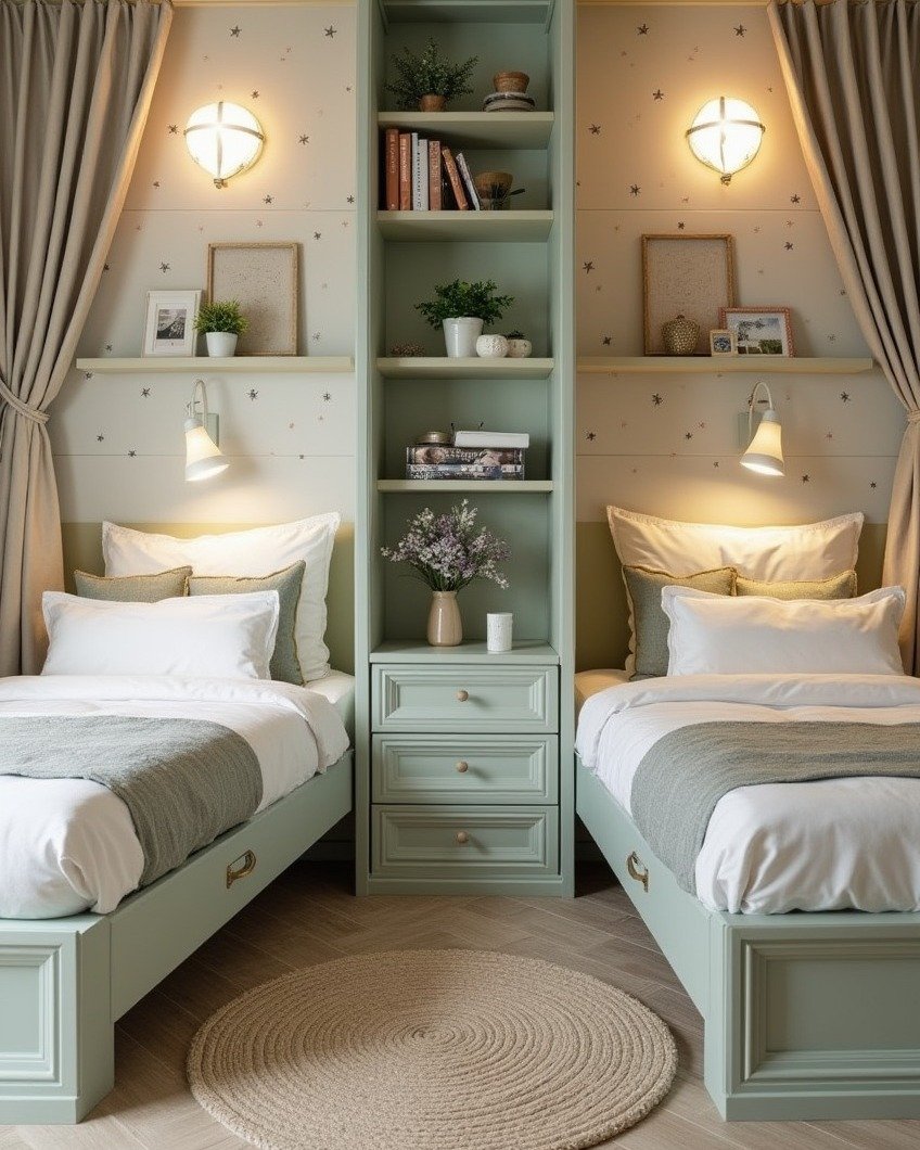 A symmetrical twin bedroom with sage green beds separated by a tall built-in bookshelf and dresser unit.