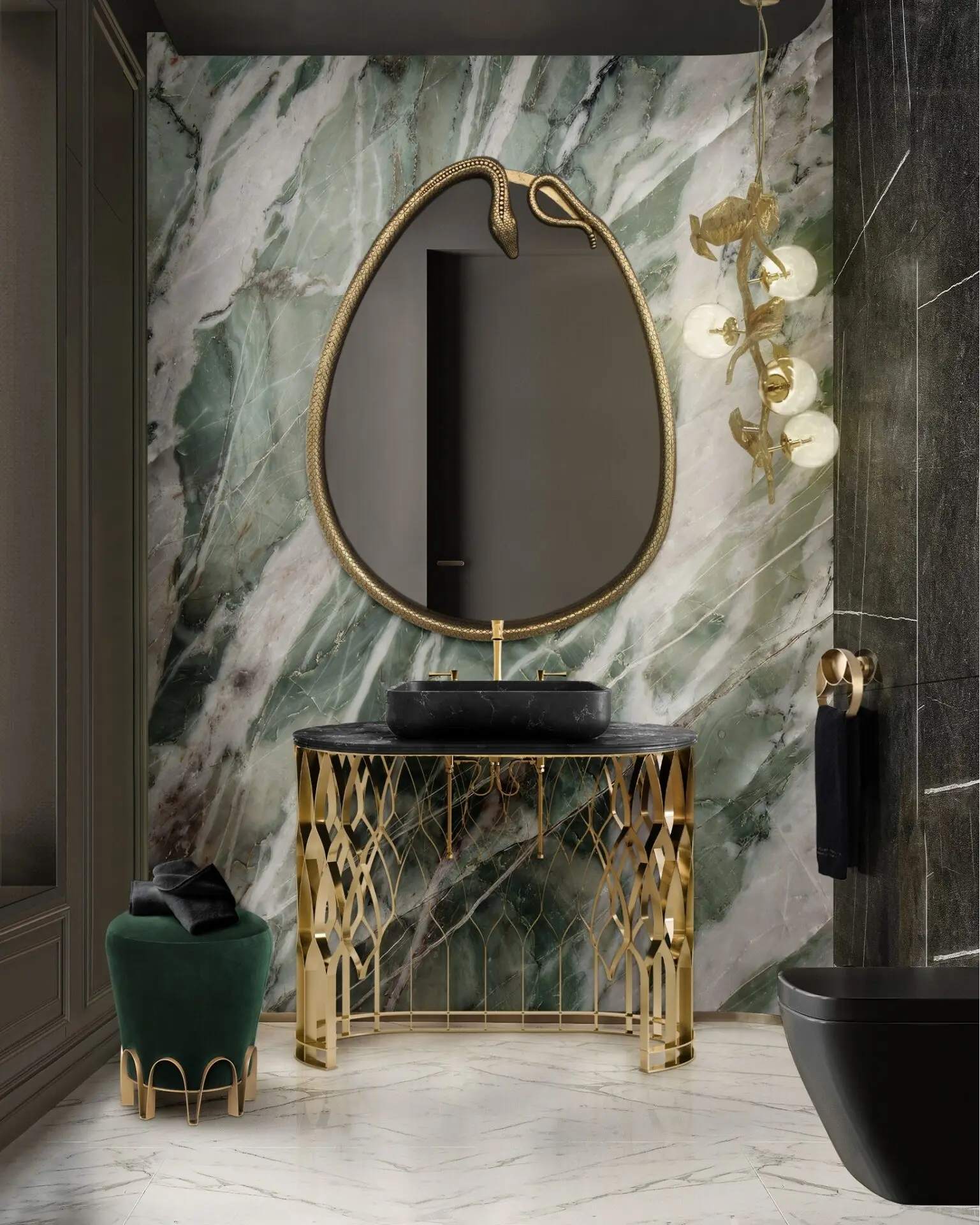 A luxurious bathroom with a unique oval mirror framed by a sculpted golden serpent, set against a green marble wall.