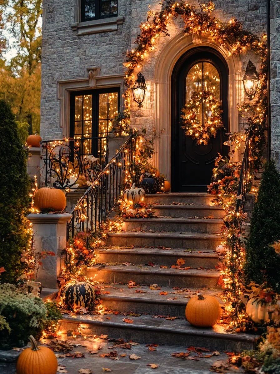 A beautiful front porch and stone staircase illuminated by glowing string lights, with pumpkins and scattered autumn leaves creating a warm and magical atmosphere.