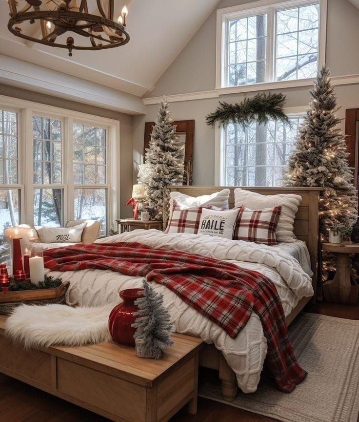 A cozy, rustic-chic attic bedroom with vaulted ceilings, large windows overlooking a snowy forest, two slim flocked Christmas trees, and a bed layered with white textured bedding and a red plaid throw.