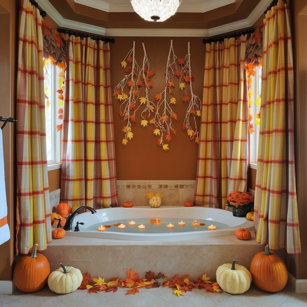 A large bathtub decorated for fall with floating candles and pumpkins of various sizes surrounding it.