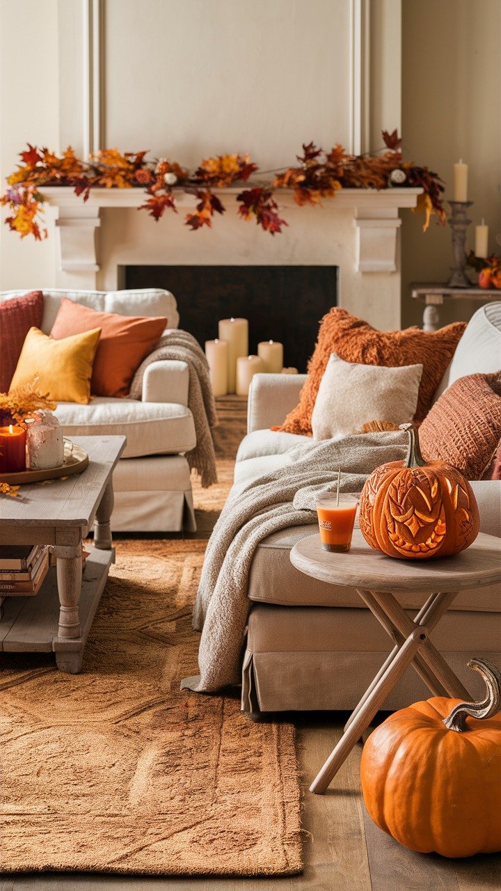 Cozy living room with a fireplace decorated with a fall leaf garland, plush sofas, and a carved jack-o'-lantern.